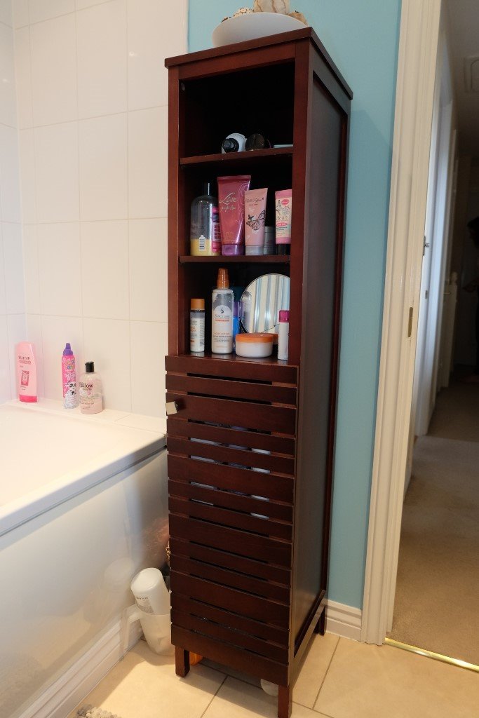 Dark Wood Bathroom Tallboy and Paper Dispenser & Storage Unit Set | in