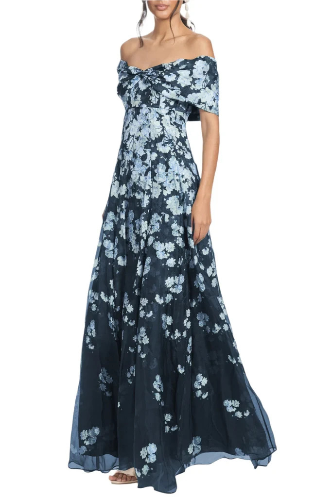 Sachin & Babi Kennedy Navy  Floral Print Off the Shoulder Gown Size 0 $995