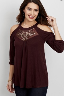 Maurice's Maroon Cold Shoulder Top Sequins Medium NWT