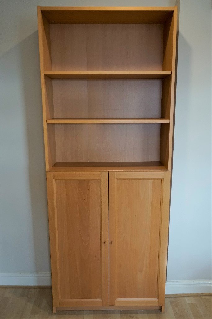 BEECH VENEER BOOKSHELF (IKEA BILLY) WITH 2 x HALF HEIGHT DOORS in