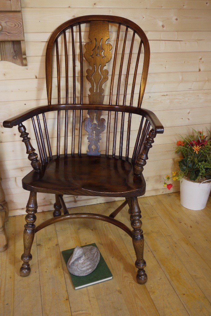 Antique solid oak tall carver Windsor grandfather fireside arm chair