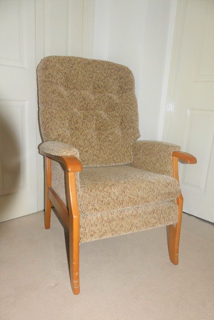 Comfy upright armchair in beige fleck soft fabric very good condition