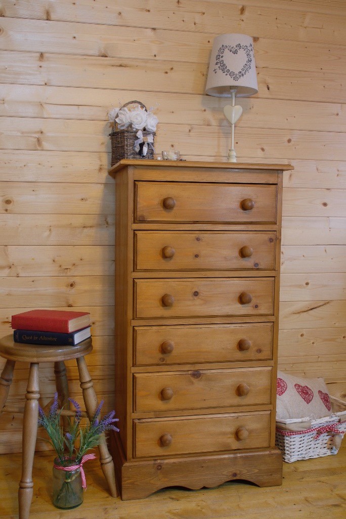 Farmhouse rustic tallboy Solid waxed pine chest of 6 dovetailed tall