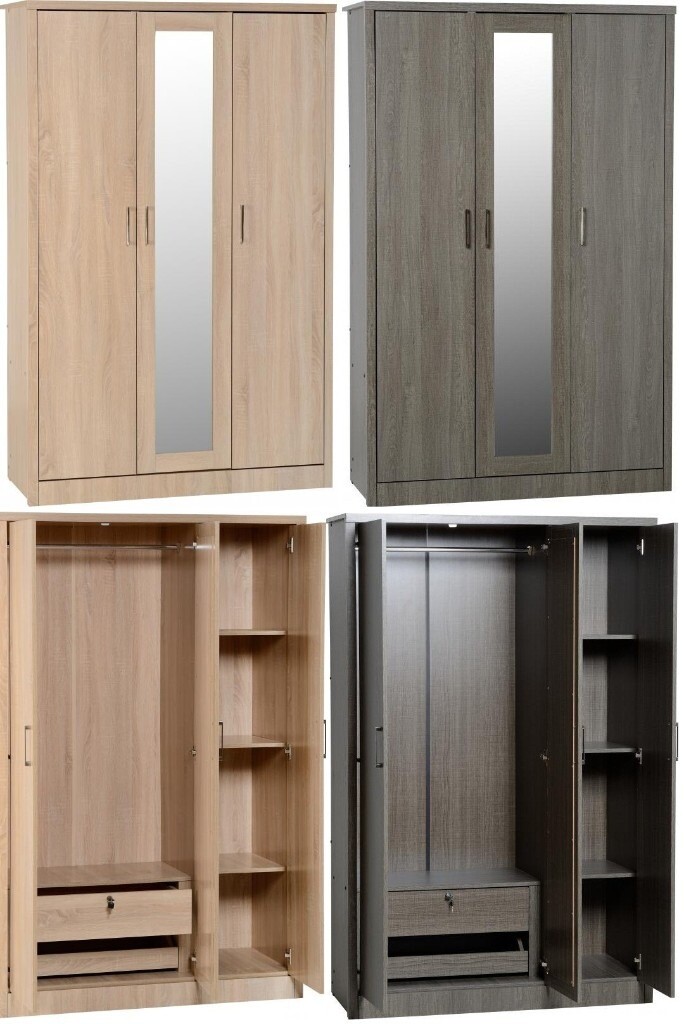 New Sonoma Light Oak or Dark Grey 3 door wardrobe with mirror & locking