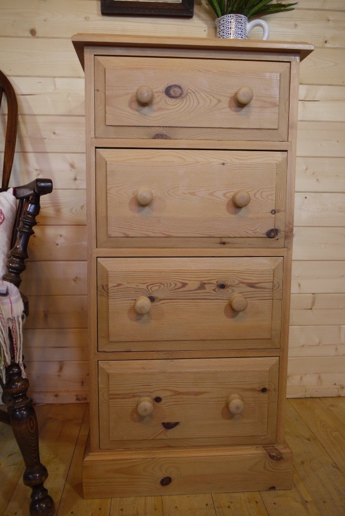 Tall Boy Rustic Solid Waxed Pine Chest 4 Drawers Farmhouse Tallboy