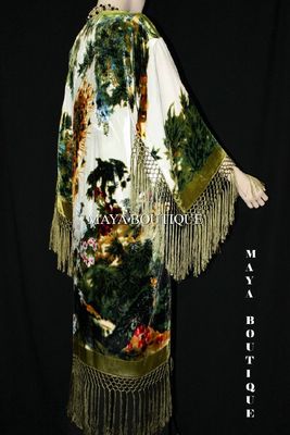 Pre-owned Maya Matazaro Kimono Duster Fringe Jacket Silk Solid Velvet Peacock Ivory Multi  In Ivory - Green -multi