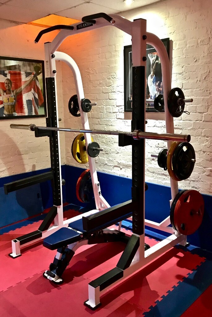 Atlantis Squat Rack with adjustable bench, weight plates & barbell in Meadowbank, Edinburgh