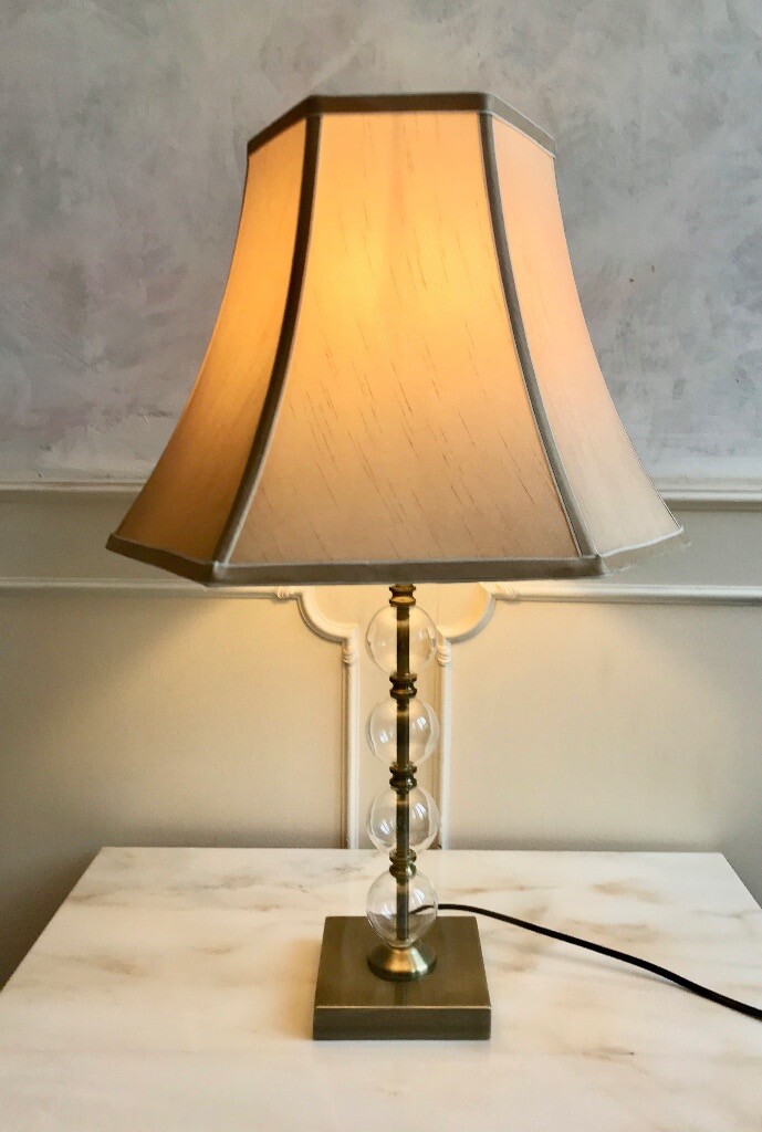 Antique Brass Glass Circular Stem Cream Fluted Shade Table Bedside