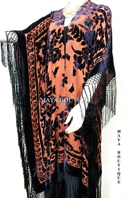 Pre-owned Maya Matazaro Caftan Duster Fringe Jacket Kimono Tangerine & Black Silk Burnout Velvet Maya