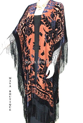 Pre-owned Maya Matazaro Caftan Duster Fringe Jacket Kimono Tangerine & Black Silk Burnout Velvet Maya