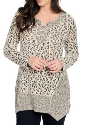 NEW - One World Patterned Chenille Long Sleeve 4-Point Hem Lace-up Tunic Top