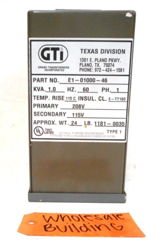 Gti/grand Transformer Incorp. General Purpose Transformer E1-01000-46, 1kva,208v