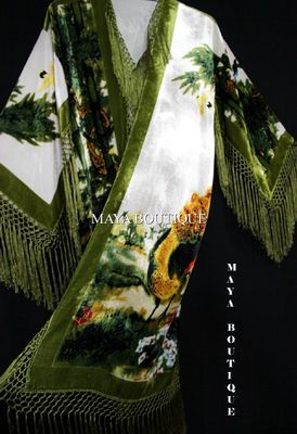 Pre-owned Maya Matazaro Kimono Duster Fringe Jacket Silk Solid Velvet Peacock Ivory Multi  In Ivory - Green -multi