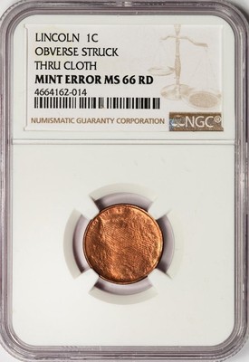 NGC MS66RD Struck Thru Cloth Copper Lincoln Cent Mint Error Amazing Eye Appeal