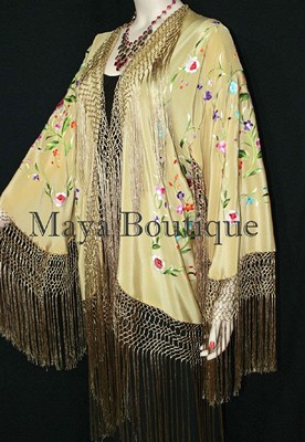 Pre-owned Maya Matazaro Gold Beige Silk Embroidered Fringe Jacket Flamenco Kimono Multi