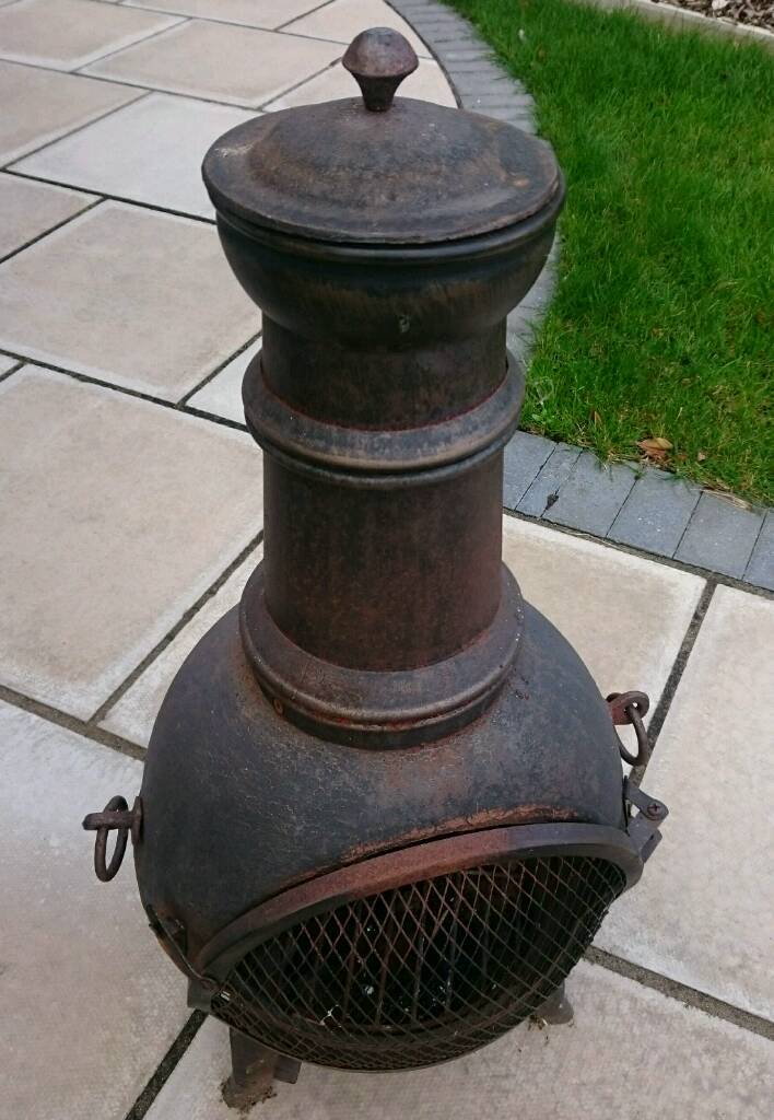 Metal chiminea patio heater with cover and lid. Chimnea, chimenea | in