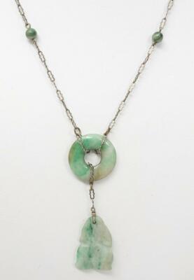 24 Carved White Jade Stone Pendant of Mythical Kylin with Silver Tone Chain