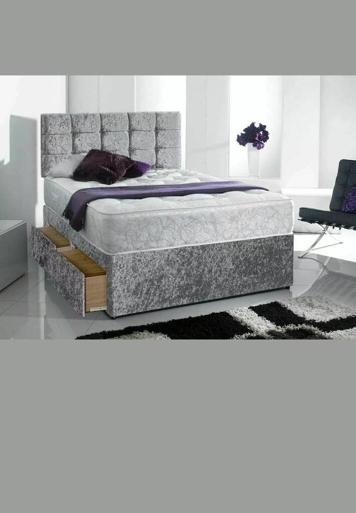 grey crushed velvet double bed with 4 drawers in Port Seton, East