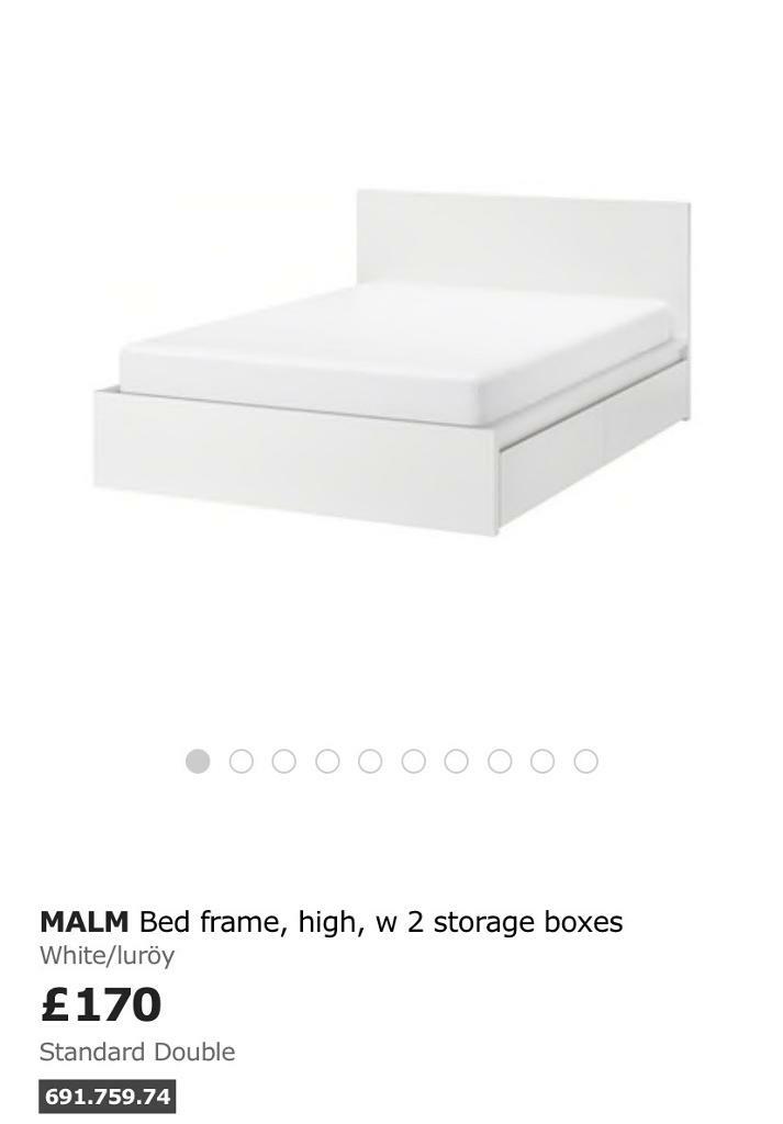 White Double Bed Frame Malm With Two Storage Drawers In