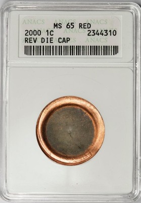 2000 ANACS MS65 Reverse Die Cap Lincoln Cent Mint Error Great Eye Appeal