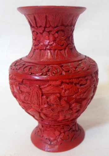 Chinese Lacquer Carved Red Cinnabar Vase Cultural Revolution