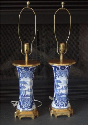 Pair 19th c. Delft Vases Lakeland Scenes w Figures, Ormolu Mount, Christie's '95