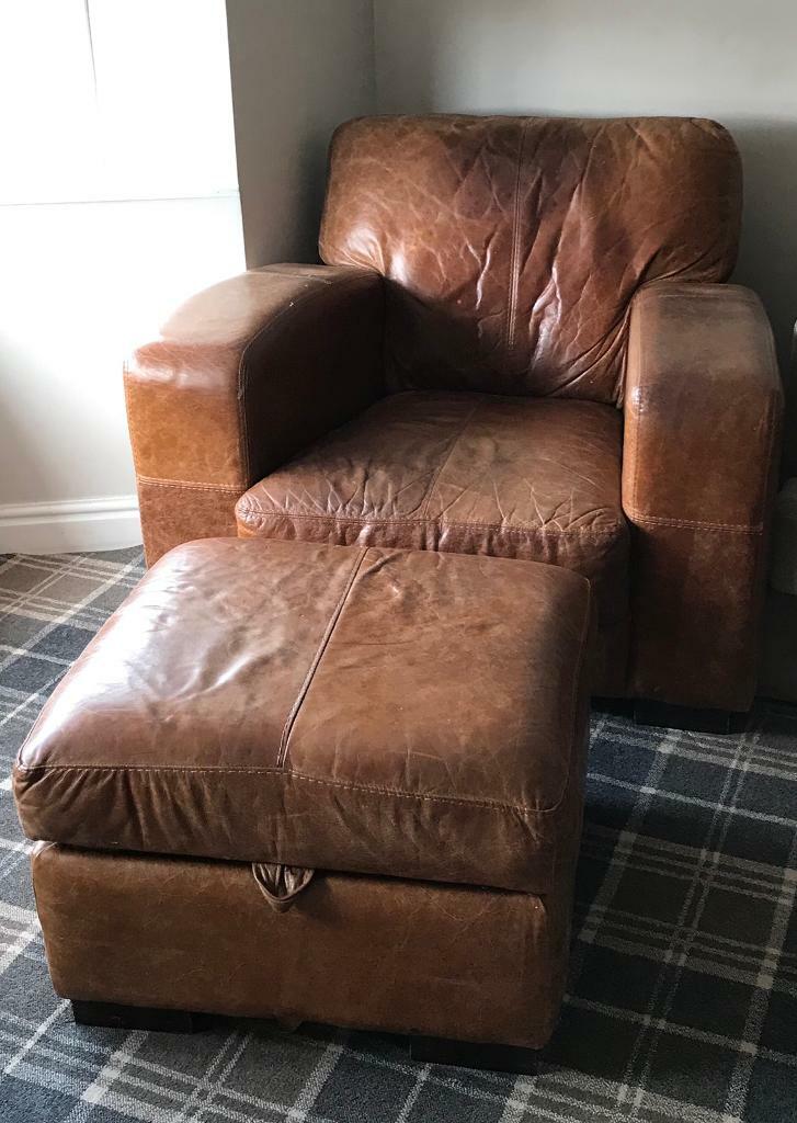 Tan leather arm chair and storage foot stool in York, North Yorkshire Gumtree