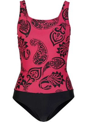 Damen Badeanzug aus figurformendem Material Level 1 schwarz/pink bedruckt Gr. 44