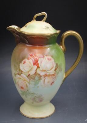 Prince Regent Early 20C German Porcelain Chocolate or Tea Pot w/ Roses & Gold
