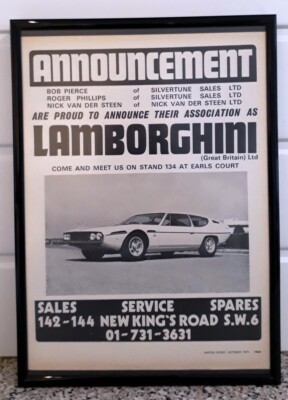 Framed original Classic Car Ad for the Lamborghini Espada & dealers 1971