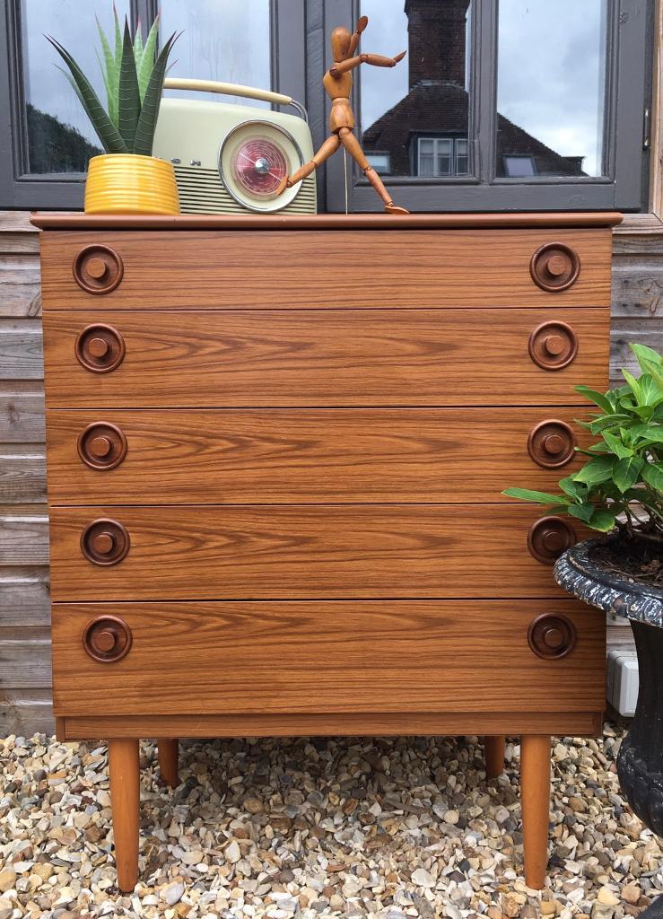 Vintage SCHREIBER Mid Century Teak Effect TallBoy Chest of Drawers 60s
