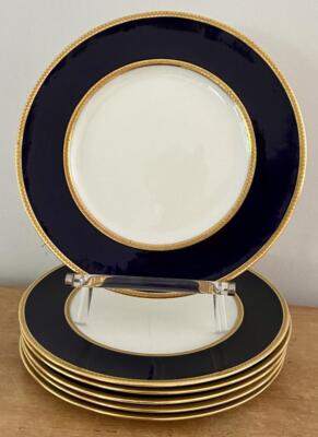 6 Antique Cauldon Ovington Gold Encrusted Cobalt Blue White 8 7/8'' Plates Exclnt