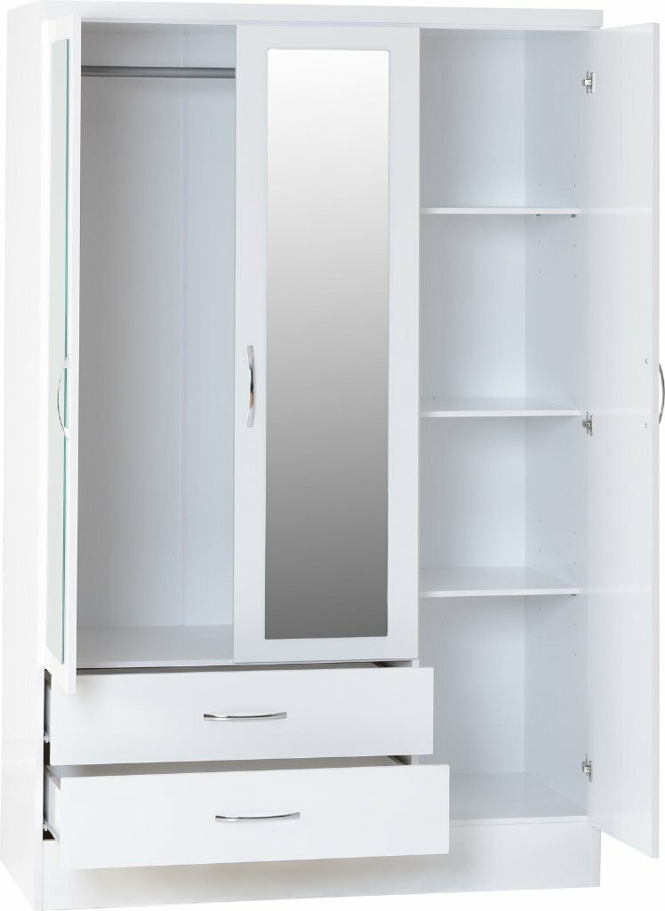 New High Gloss White Grey Or Oyster 3 Door 2 Drawer Wardrobe