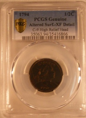 1794 Half Cent PCGS Genuine Altered Surf. XF Detail C-9 High Relief Head