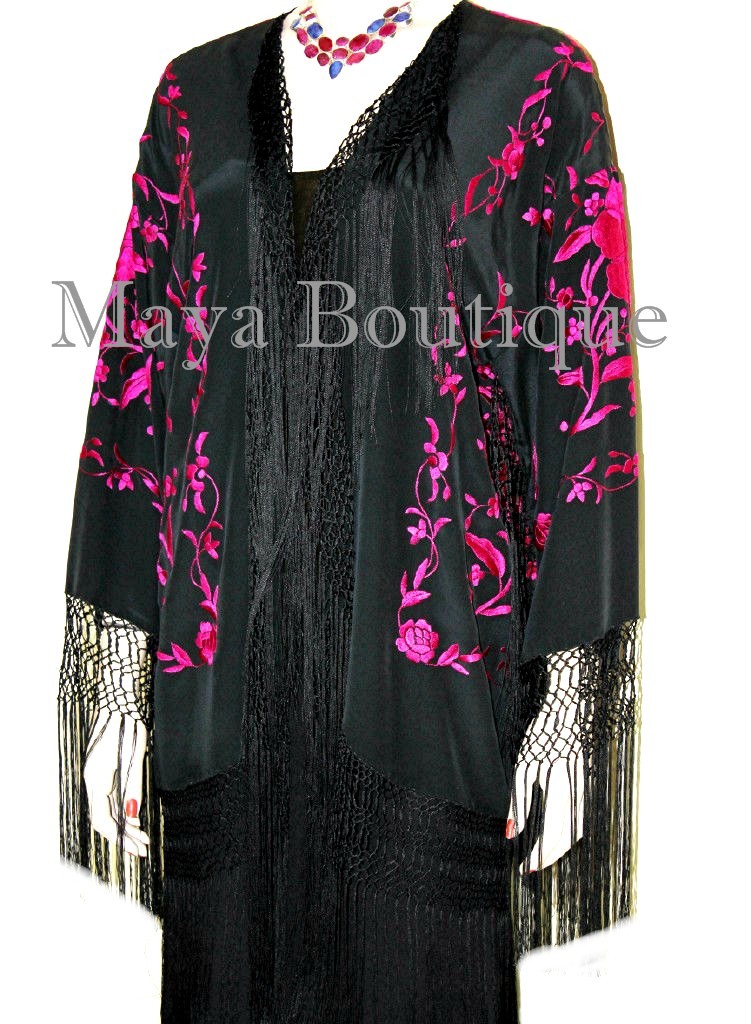 Pre-owned Maya Matazaro Embroidered Silk Fringe Jacket Kimono Black & Fuchsia Short In Pink & Black