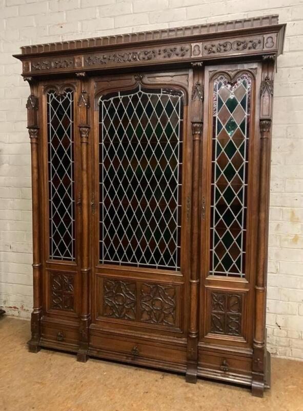 ARRIVES JULY 2024: Antique French Gothic Revival Bookcase in Walnut