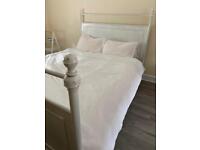 Distressed look white metal double bed with mattress and topper 