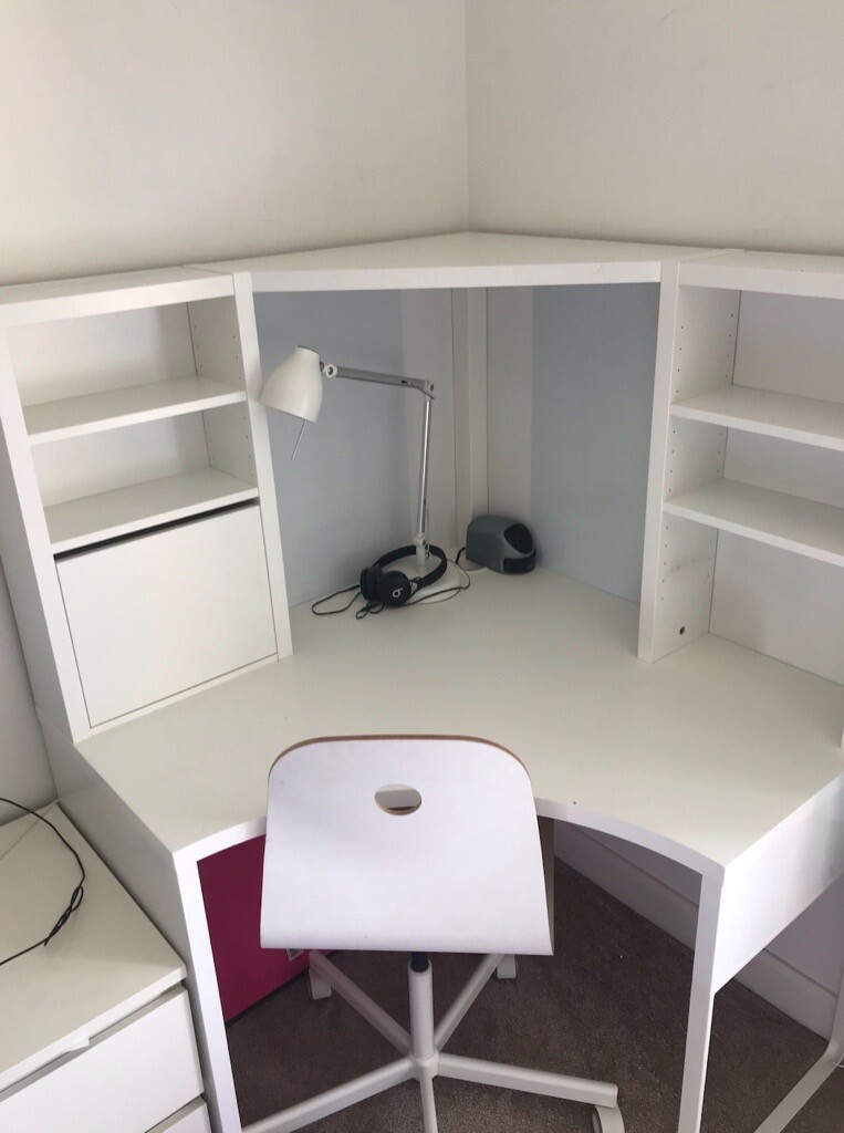 IKEA white Micke Corner Desk with chair in South Queensferry