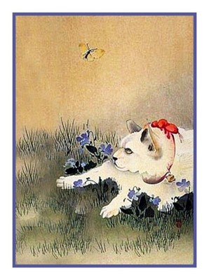 Japanese Ohara Shoson Koson Cat Chasing a Butterfly Counted Cross Stitch Pattern
