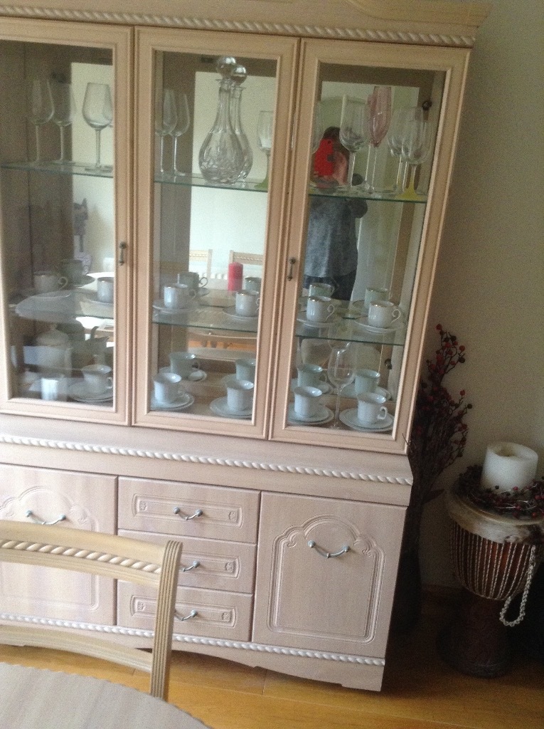 Dining room limed oak dresser, display , 3 drawers and 2 cupboards, matching table and
