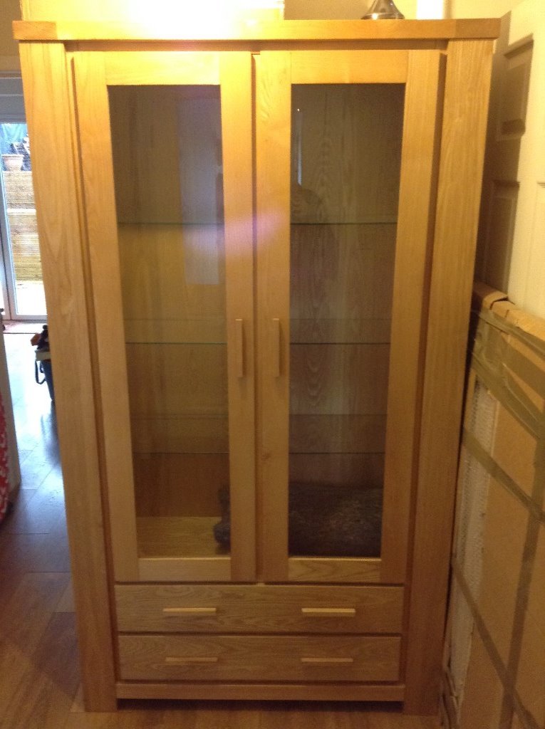 Oak Display Glass Doors & 2 Drawers Bristol Excellent