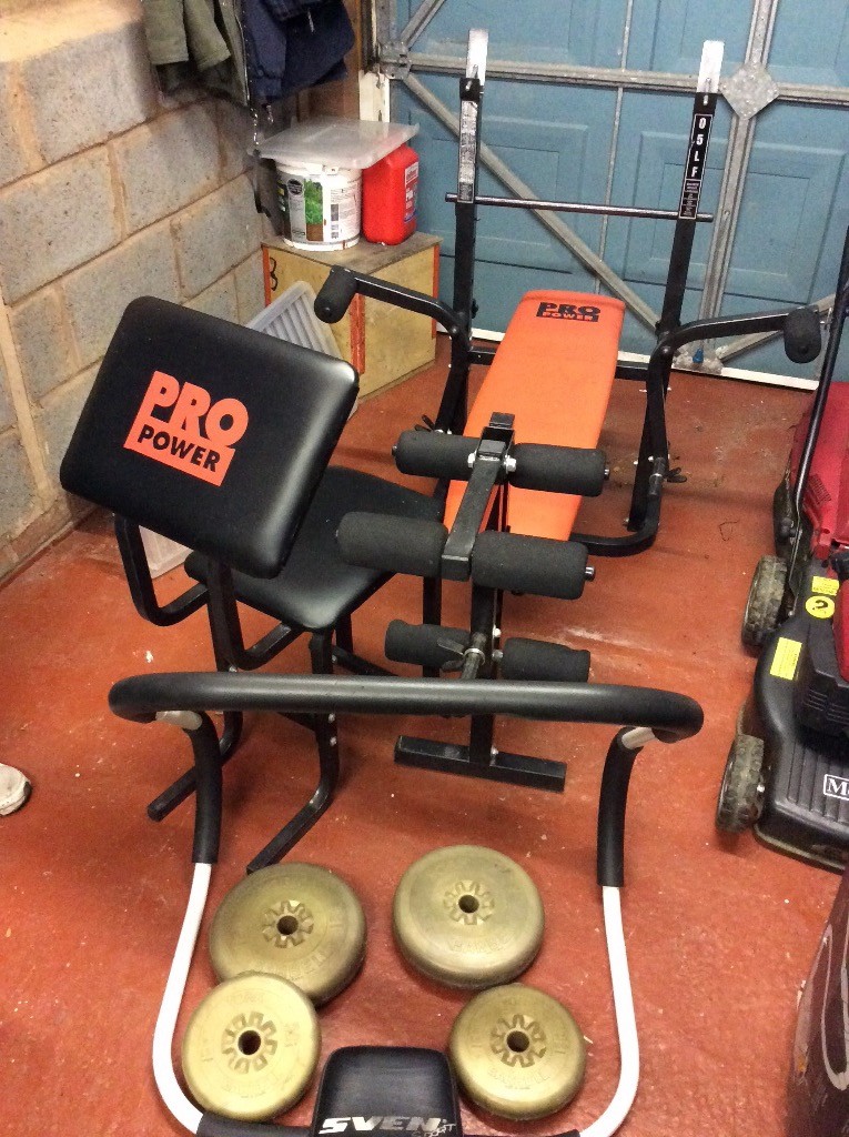 Power pro weight bench ,curl bench,ab roller, 4x weights (used) in