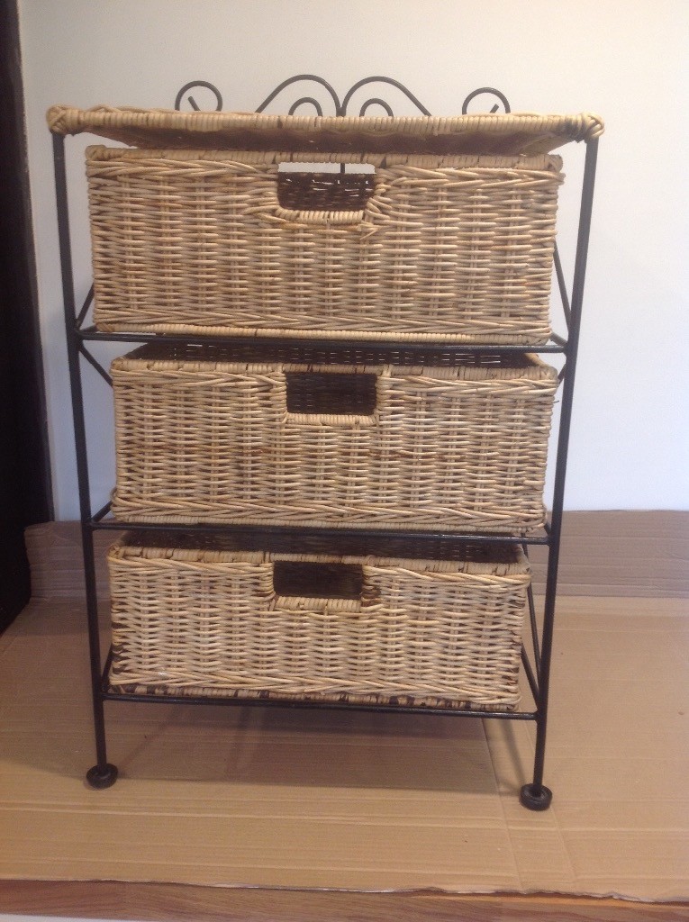 Storage unit, black metal frame with 3 wicker baskets in Petersfield