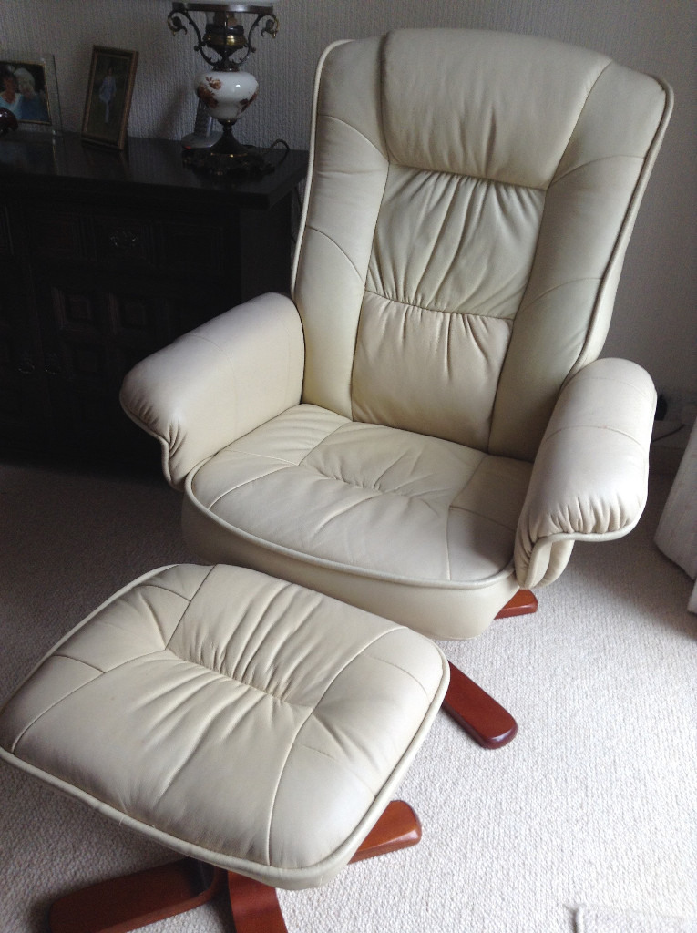 Reclining/swivel cream coloured imitation leather armchair with FREE