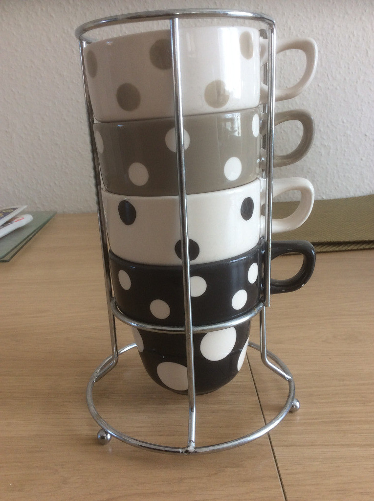 Marks & Spencer Stack of 4 Mugs Cups Black, Cream Beige Chrome Holder
