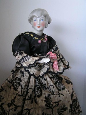 Antique Victorian porcelain Half Doll Lace full dress ribbed wire support Lamp