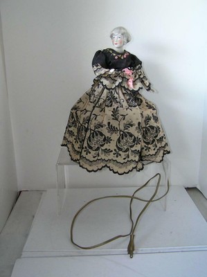 Antique Victorian porcelain Half Doll Lace full dress ribbed wire support Lamp