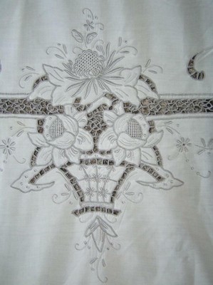 Vintage Heirloom Ecru Floral Basket Cut Lace Tablecloth Long  Banquet 63