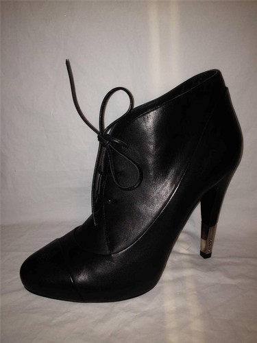 Pre-owned Chanel 13b Black Leather Metal Heel Logo Cap Toe Lace Up Ankle Boots Shoes $1495