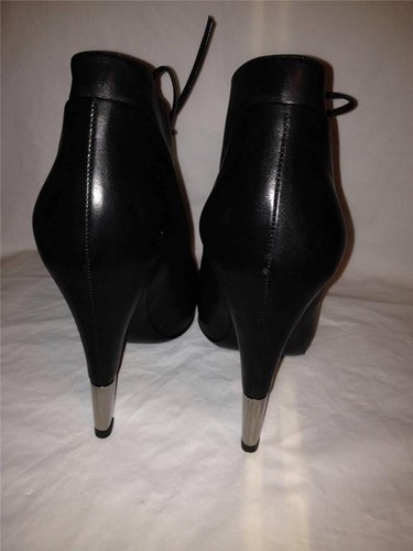 Pre-owned Chanel 13b Black Leather Metal Heel Logo Cap Toe Lace Up Ankle Boots Shoes $1495
